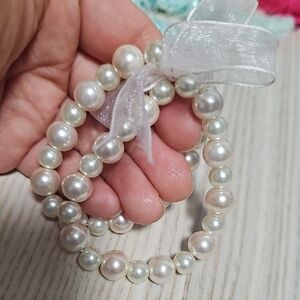Classic White Pearl Stretch Bracelet with Sheer Ribbon